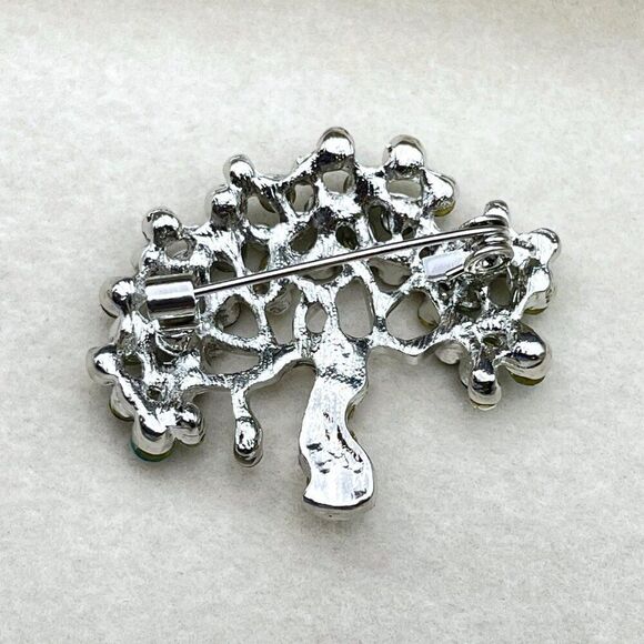 Silver with Green Opal Emerald and Diamond Crystal Blooming Tree Pin Back Brooch - Picture 8 of 9